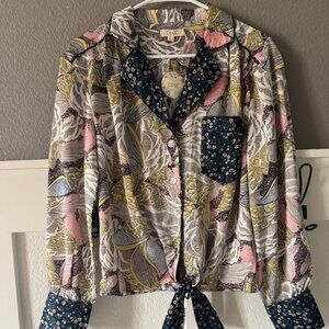 Oddi Mixed Print Button Down Blouse with Tie Front | Size Medium | NWT